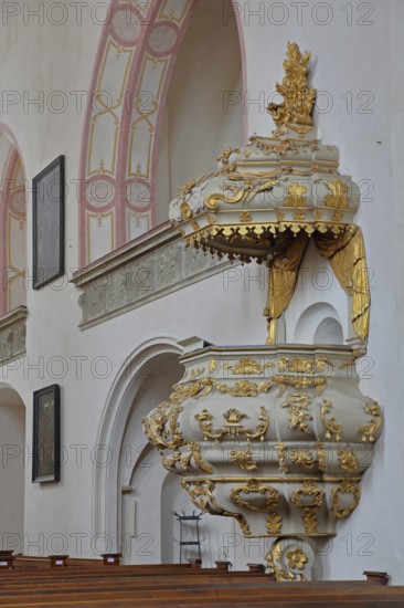 Pulpit with pulpit cover of the baroque town church, pulpit bonnet, sounding board, pulpit canopy, interior view, St. Wenceslas, town church, Saale, Naumburg, Saxony-Anhalt, Germany
