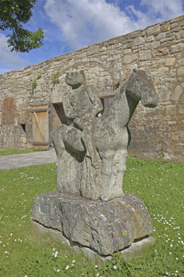 Sculpture The Dream by Peter Fiedler 1999, modern art, stone sculpture, horse figure, equestrian figure, former Cistercian abbey, Schulpforte, Landesschule Pforta, Bad Kösen, Saale, Naumburg, Saxony-Anhalt, Germany