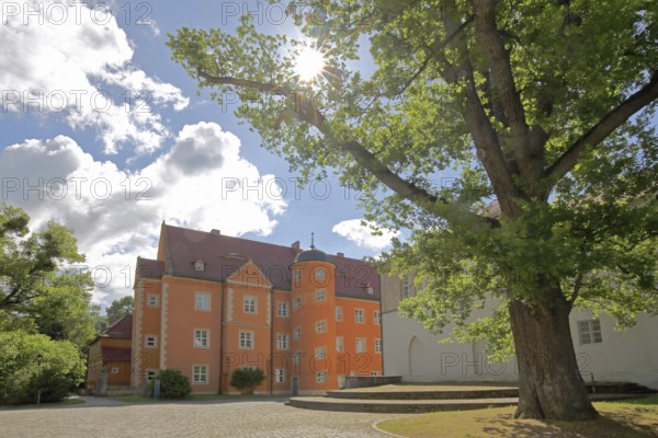 Prince's house backlit by the former Cistercian abbey, Schulpforte, Pforta State School, Bad Kösen, Saale, Naumburg, Saxony-Anhalt, Germany