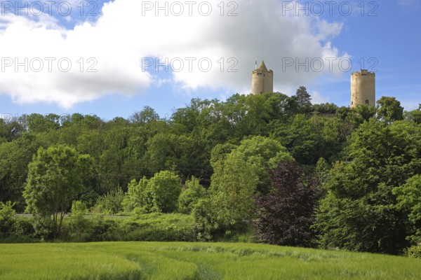 Castle with towers in the forest on the hill, Saaleck, Bad Kösen, Saale, Naumburg, Saxony-Anhalt, Germany