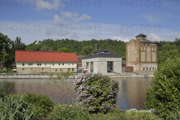 Saale with houses, banks, Saale valley, Bad Kösen, Saale, Naumburg, Saxony-Anhalt, Germany
