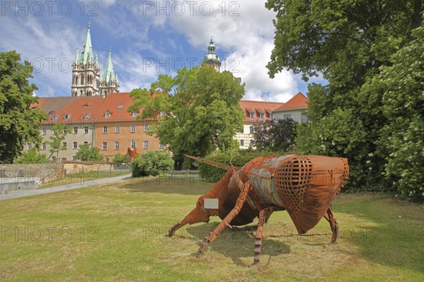 Sculpture The Bee by Ronald Knoll, modern art, rusty steel sculpture, bee figure, insect figure, large, oversize, size, cathedral square, Saale, Naumburg, Saxony-Anhalt, Germany