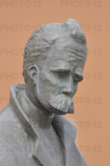 Monument to philosopher Friedrich Nietzsche, bronze sculpture, modern art, man with beard, head, detail, Holzmarkt, Saale, Naumburg, Saxony-Anhalt, Germany