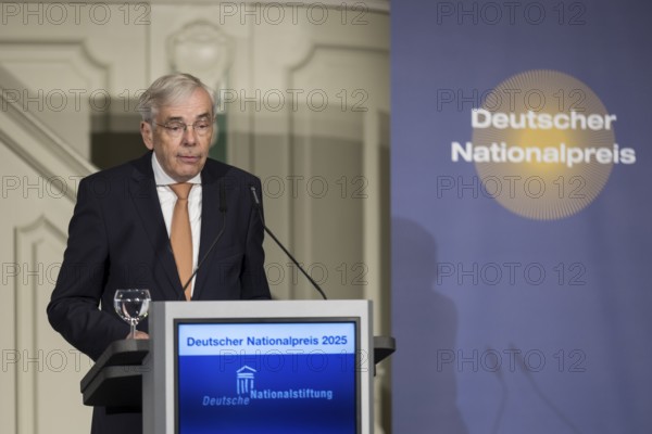 Thomas Mirow (Chairman of the Board of the German National Foundation) speaks at the award ceremony for the German National Prize 2025 in the Französische Friedrichstadtkirche, Berlin, on 10 June 2025