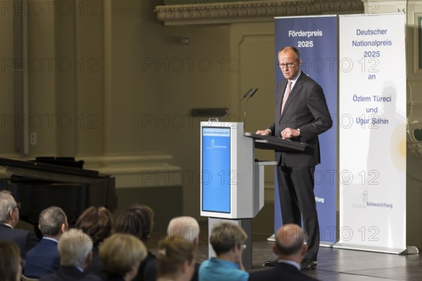 Friedrich Merz (Chancellor of the Federal Republic of Germany) speaks at the presentation of the German National Prize 2025 in the Französische Friedrichstadtkirche, Berlin, on 10 June 2025