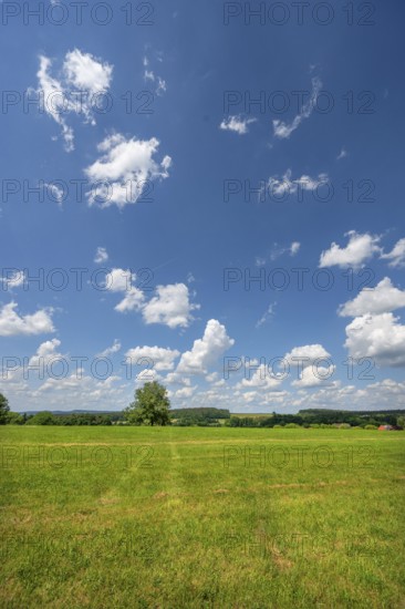 Franconian landscape with cloudy sky, Neunhof, Middle Franconia, Bavaria, Germany