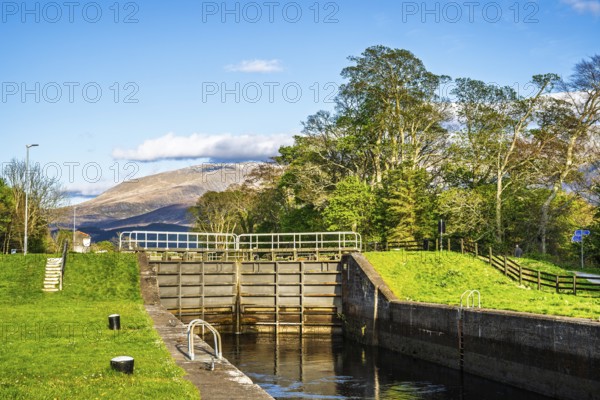 Caledonian Canal, Caol Beach and Nevis Range Mountains, Corpach, Fort William, Highland, Scotland, UK