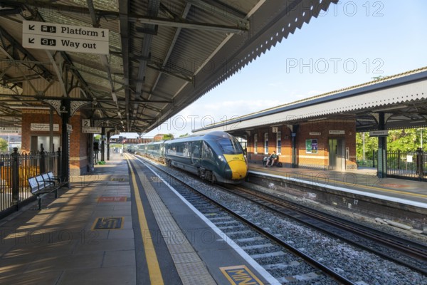 GWR British Rail Class 800 Inter City Express train arriving at platform, Westbury, Wiltshire, England, UK