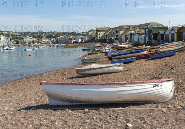 Small boats in harbour at Back Beach, Teignmouth, south Devon, England, UK