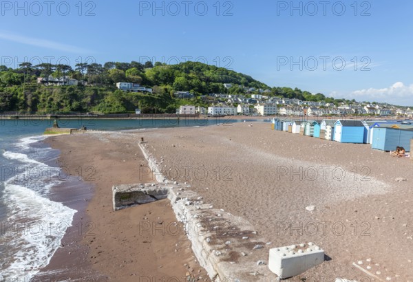 Beach seaside view to River Teign estuary and Shaldon, The Point, Teignmouth, south Devon, England, UK