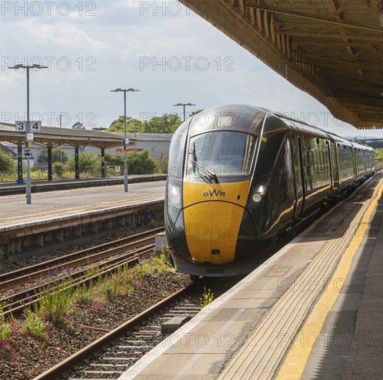 GWR British Rail Class 800 Inter City Express train arriving at platform, Taunton railway station, Somerset, England, UK