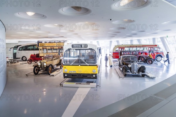 The Mercedes-Benz Museum in Stuttgart presents a journey through the automotive history of the global corporation. The history of the Mercedes star begins with the first automobile in 1886. 160 vehicles are on display, including buses and coaches. Stuttgart, Baden-Württemberg, Germany