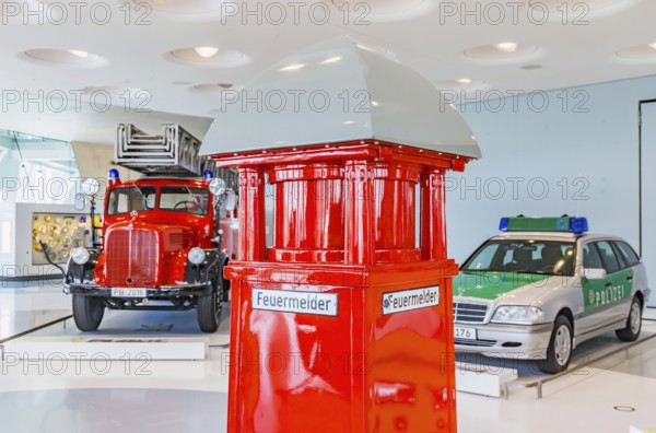 Gallery of helpers with rescue and police vehicles. The Mercedes-Benz Museum in Stuttgart presents a journey through the automotive history of the global corporation. The history of the Mercedes star begins with the first automobile in 1886. 160 vehicles are on display. Stuttgart, Baden-Württemberg, Germany