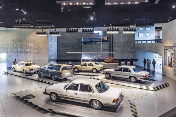 The Mercedes-Benz Museum in Stuttgart presents a journey through time through the automotive history of the global corporation. The history of the Mercedes star begins with the first automobile in 1886. 160 vehicles are on display. Stuttgart, Baden-Württemberg, Germany