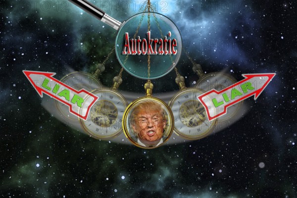 Symbolic image, Trump as a notorious liar in pendulum clock, wrong decisions, genius mania, government crisis, kleptocracy, price development, decision on Bitcoin questionable due to extreme energy demand, stock market prices, insecure digital currency, resources, energy, industry, economy critical, stock market hype, stock market crash, payment, insolvency, maximum profit, profit slump, share prices, Germany as a business location, global economy, globalisation, environmental protection, mafia, Trump government, Bitcoin rally, cryptocurrency, crypto reserve, stock market trading, gold substitute currency