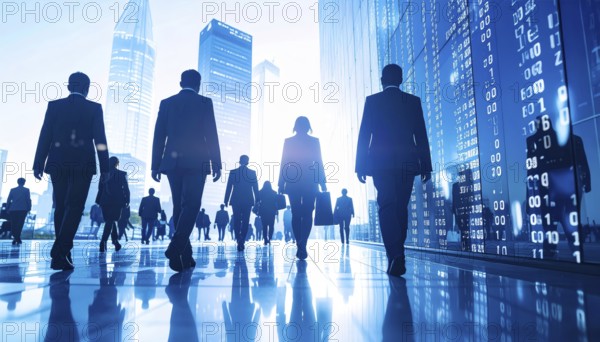 Business, abstract background, blur computer code, silhouette of walking people in a hall, blue hues, AI generated