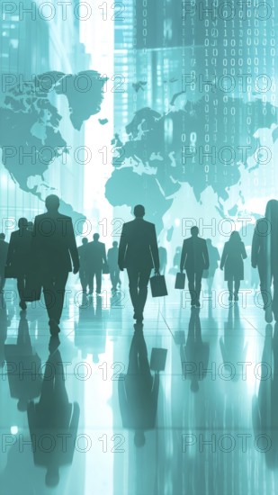 Business, abstract background, blur computer code, silhouette of walking people in a hall, blue hues, AI generated