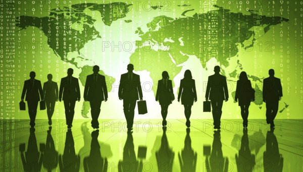 Business, abstract background, blur computer code, silhouette of walking people in a hall, green hues, AI generated