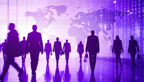 Business, abstract background, blur computer code, silhouette of walking people in a hall, purple hues, AI generated