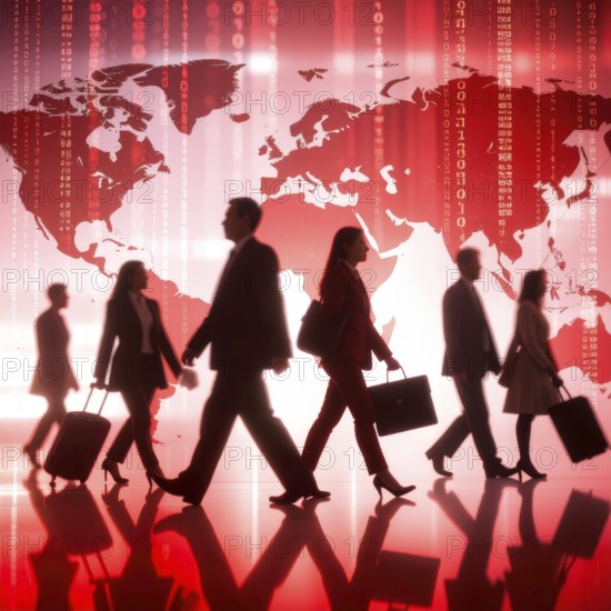 Business, abstract background, blur computer code, silhouette of walking people in a hall, red hues, AI generated