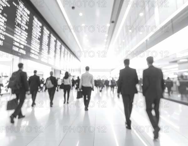 Business, abstract background, blur computer code, silhouettes of walking people, monochromatic black and white, AI generated