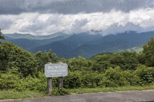 Sign at Big Witch Overlook along the Blue Ridge Parkway in the Smoky Mountains near Cherokee, North Carolina, USA