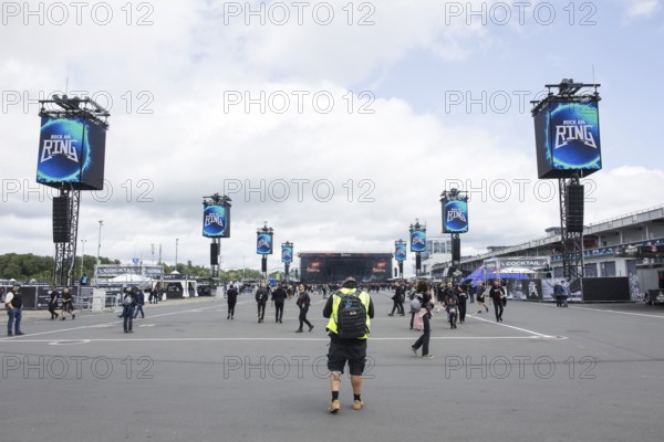 Infield with speaker towers at the Rock am Ring Festival on Friday, Nürburgring race track race track, 06.06.2025