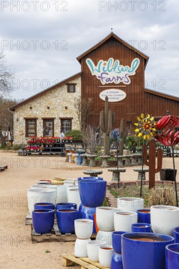 Plants and pots for sale at the Wildseed Farms nursery in Fredericksburg, Texas, USA