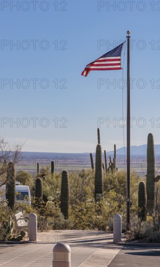 American flag flying near the entrance to the Organ Pipe Cactus National Monument in southern Arizona, USA