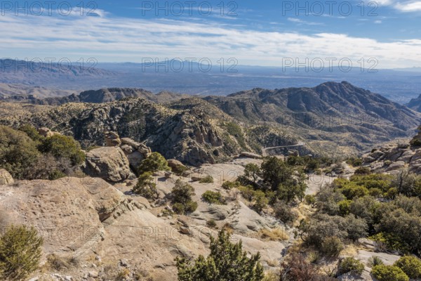 Windy Point Vista offers a view of Tucson from the Catalina Mountains along the Mt Lemmon Highway near Willow Canyon, Arizona, USA
