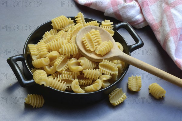Italian pasta in pot with wooden spoon, Radiatori variety