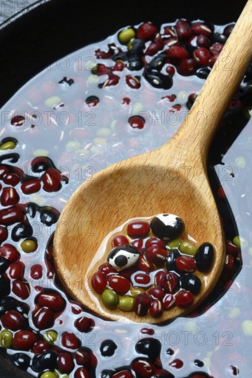 Dried beans placed in water to soak, wooden spoon