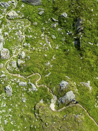 Hiking trail winds through mountain meadows interspersed with stones, from above, aerial view, Valais, Western Alps, Switzerland