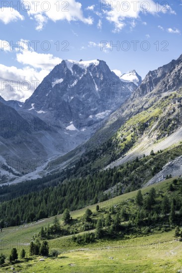 Picturesque mountain landscape, mountain valley with mountain peak Mont Collon, Arolla, Valais, Western Alps, Switzerland