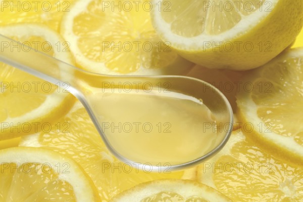 Lemon juice in ladle and lemon slices, Citrus x limon