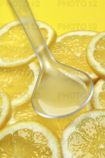 Lemon juice in ladle and lemon slices, Citrus x limon