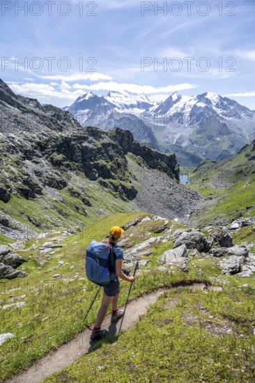 Mountaineer on hiking trail in mountain landscape, descent at Col du Louvie, view of the summit of the Grand Combine, Valais Alps, Val de Bagnes, Valais, Switzerland