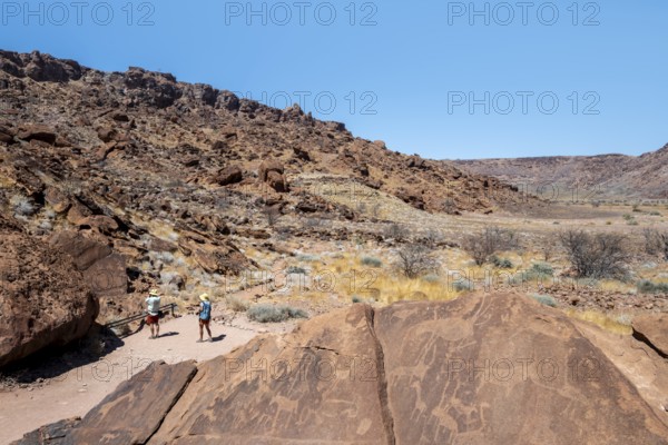 Tourists look at depictions of animals on a rock slab, petroglyphs, rock engravings, Twyfelfontein, Kunene, Namibia
