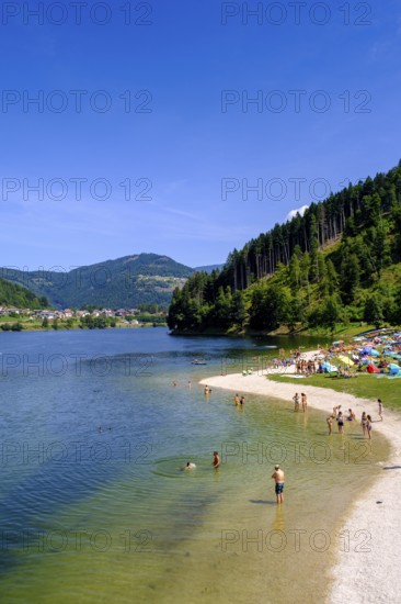 Bathing beach at Lago delle Piazze, reservoir, Val di Pine, Cembra Valley, Val di Cembra, Trentino, Italy