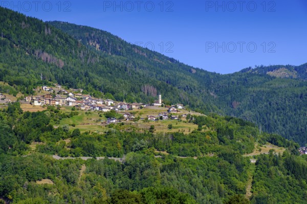 Capriana on the mountainside, from the Comuna di Valfloriana, Cembra Valley, Val di Cembra, Trentino, Italy