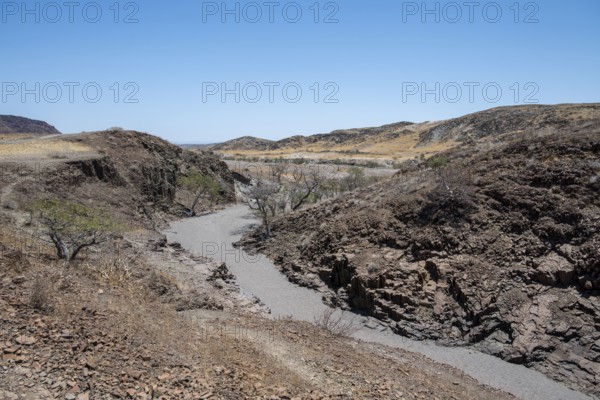 Dry river valley with basalt rocks, rock formation Organ Pipes, Damaraland, Kunene, Namibia