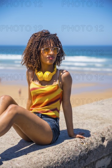 Young woman soaking up summer sun and beach vibes, wearing trendy headphones and stylish sunglasses while relaxing by the ocean