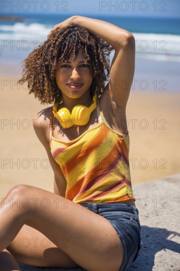 Young woman with curly hair wearing headphones around neck and colorful clothes relaxing on low wall at the beach