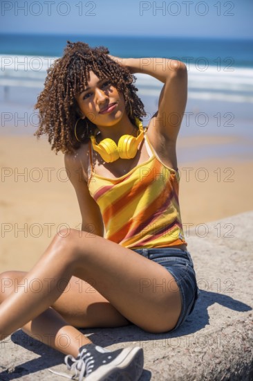 Young woman wearing yellow headphones is sitting on a wall at the beach, enjoying the sun and music