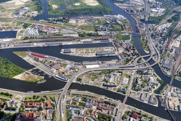 Szczecin, Pomerania, Szczecin, Pomeranian Voivodeship, West Pomeranian Voivodeship, Oder, river, aerial view, logistics, infrastructure, quay, tank farm, Poland