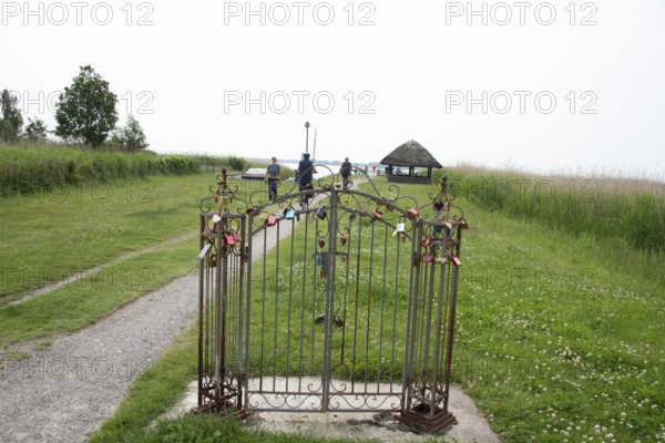 Metal gate with locks Bodstedter Bodden in Wieck, Mecklenburg-Vorpommern, Germany