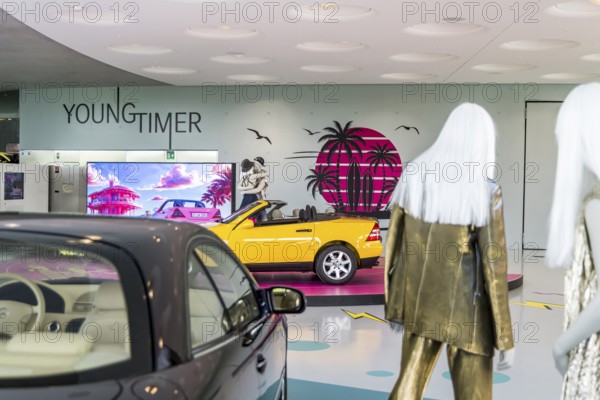 Special exhibition Youngtimer. The Mercedes-Benz Museum in Stuttgart presents a journey through the automotive history of the global corporation. The history of the Mercedes star begins with the first automobile in 1886. 160 vehicles are on display. Stuttgart, Baden-Württemberg, Germany