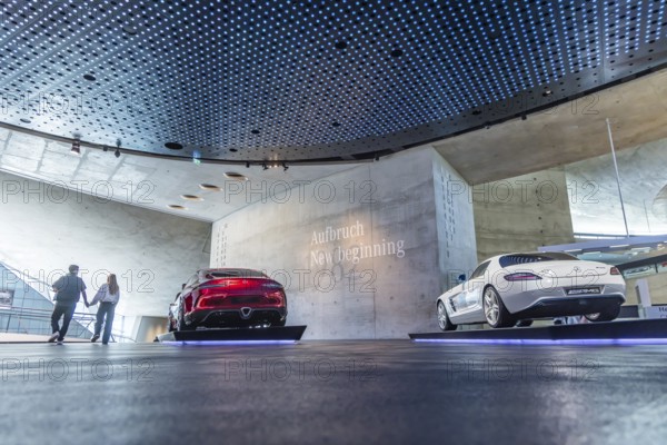 Mercedes-AMG GT Concept from 2017. The Mercedes-Benz Museum in Stuttgart presents a journey through the automotive history of the global corporation. Myth 6: The road to emission-free mobility, 1982 to the present day. The history of the Mercedes star begins with the first automobile in 1886. 160 vehicles are on display. Stuttgart, Baden-Württemberg, Germany