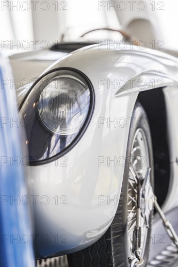Mercedes-Benz racing car fast transporter from 1955 with 300 SLR racing car. The Mercedes-Benz Museum in Stuttgart presents a journey through the automotive history of the global corporation. The history of the Mercedes star begins with the first automobile in 1886. 160 vehicles are on display. Stuttgart, Baden-Württemberg, Germany