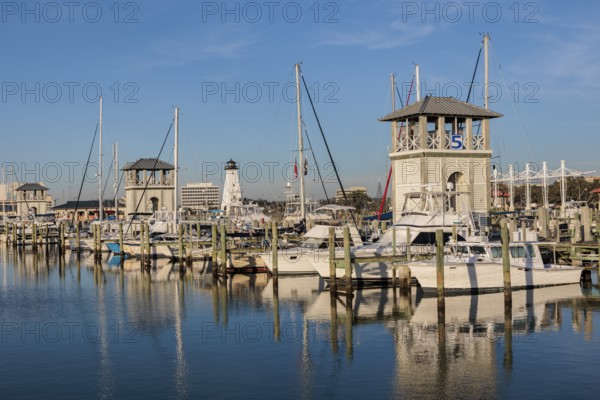 Sailboats and fishing boats docked in the Small Craft Harbor at Gulfport, Mississippi, USA